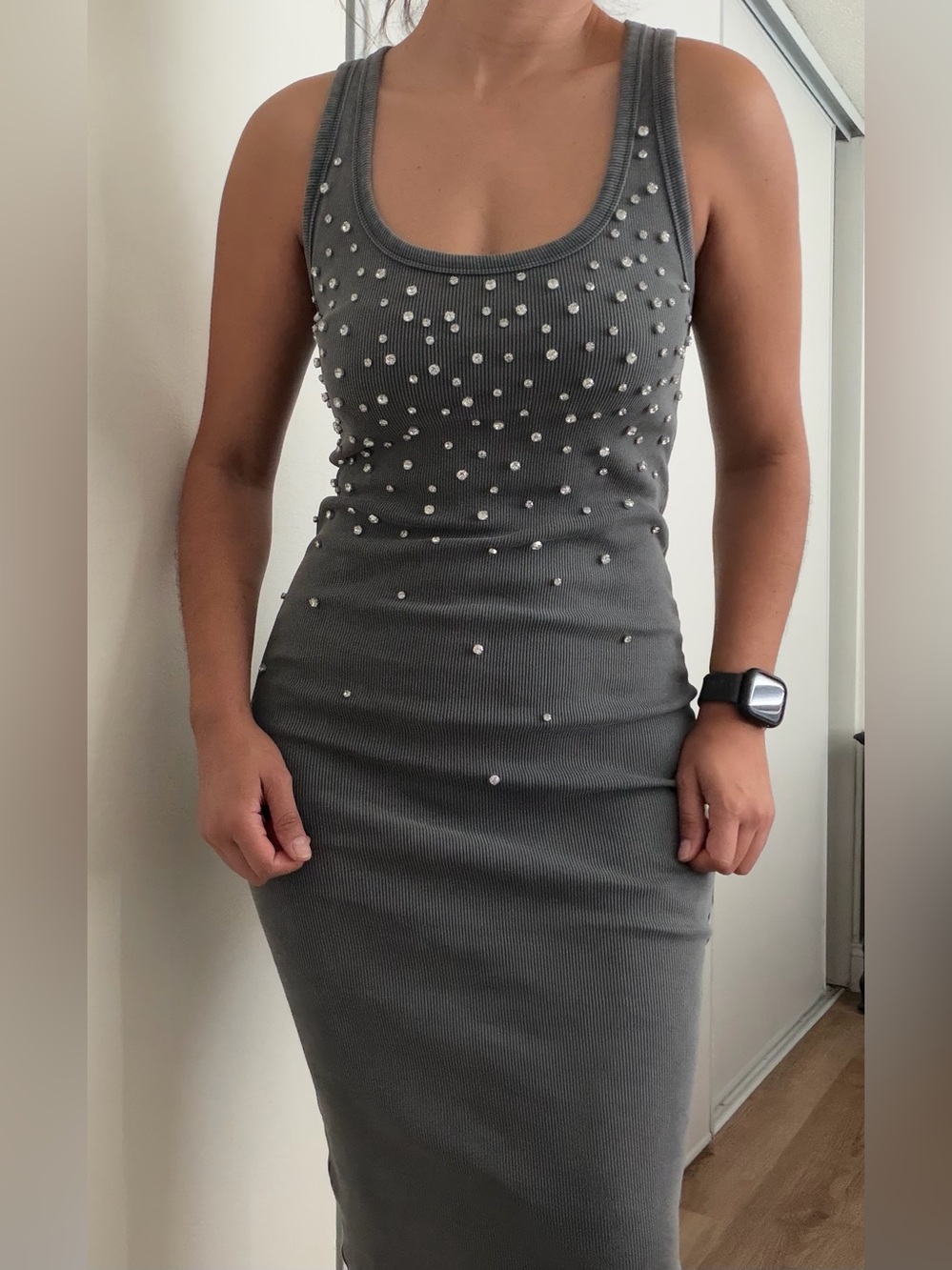Zara Ribbed Rhinestone Midi Dress Size M - Picture 3 of 7